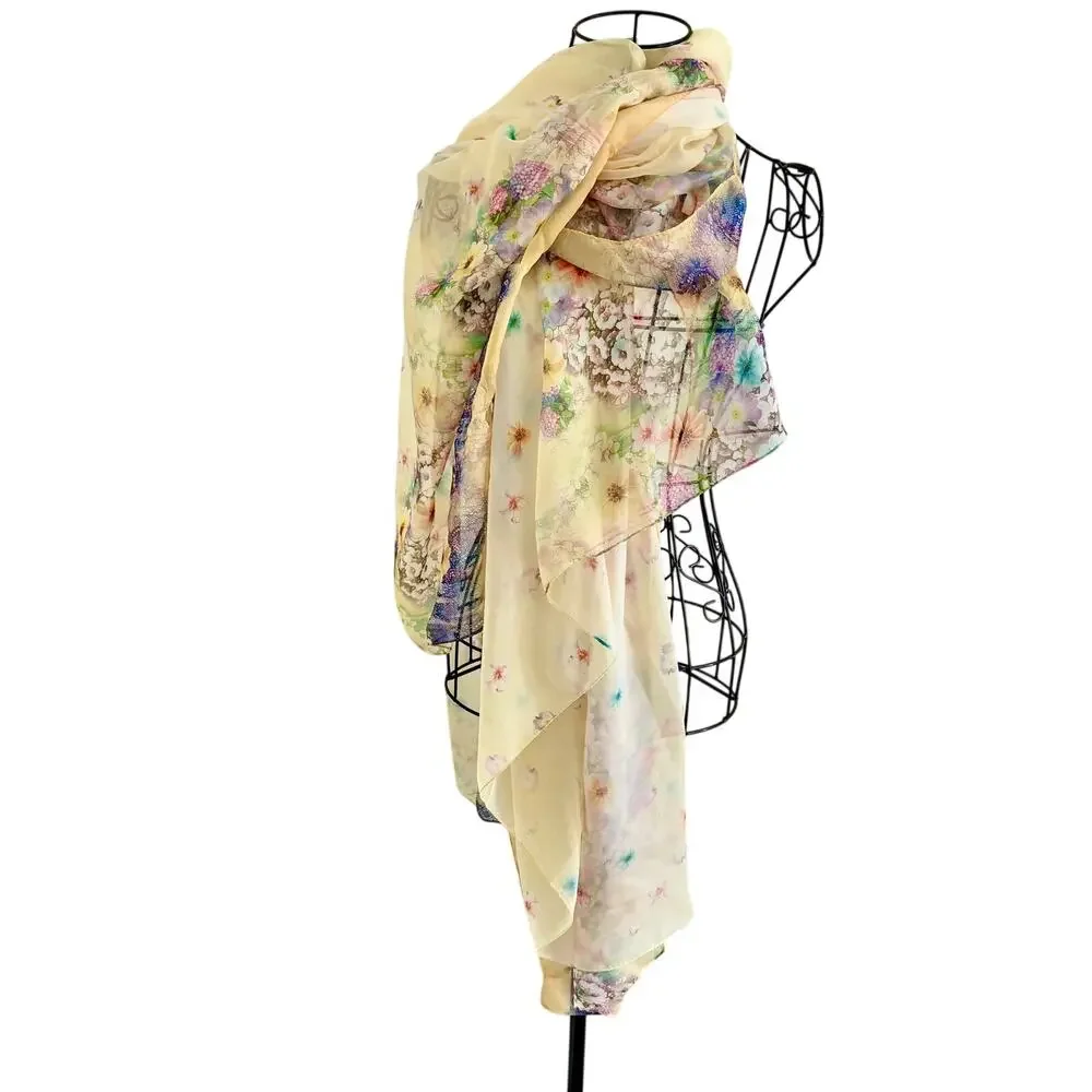 Impressionist Floral !00% Silk Large Scarf Wrap Shawl Yellow Cottage 56 x 54